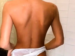 Sexy slender amateur brunette posing naked in the shower