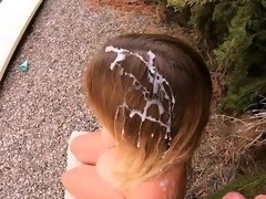 Busty amateur babe gets her hair sprayed with cum outside