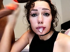Slutty brunette deepthroats a big cock and gets facialized