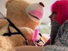 Pink haired teen in lingerie has fun with her favorite toy