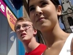 slim brunette fucked by guy in front of her nerdy cuckold