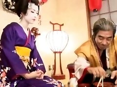 Beautiful Japanese geisha having sex with a horny old man