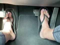 Cute Feet Driving in Flip Flop Sandals Pedal Pumping